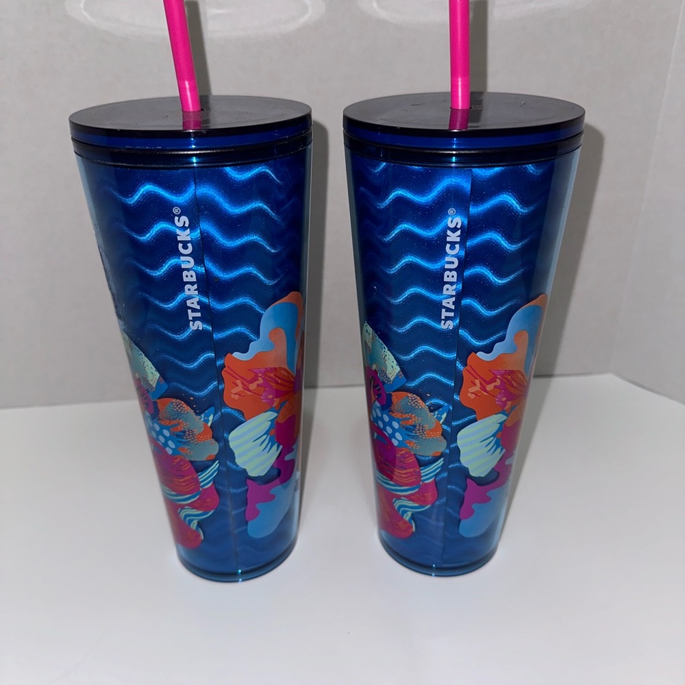 Starbucks Vibrant Blue Tumblers with Pink Straws